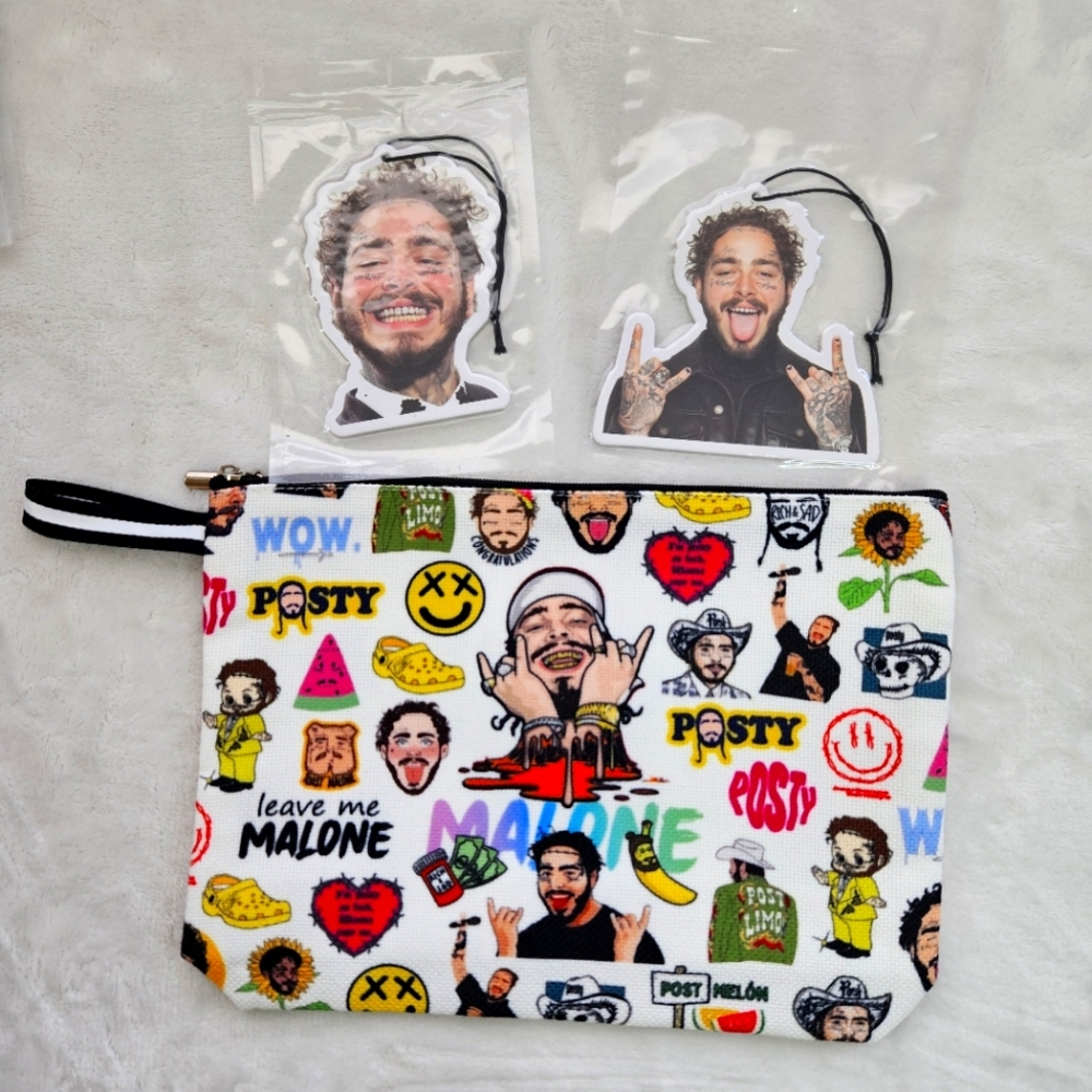 NEW Post Malone Gift Set - Lot with Make up Cosmetic Bag & 2 Air Fresheners